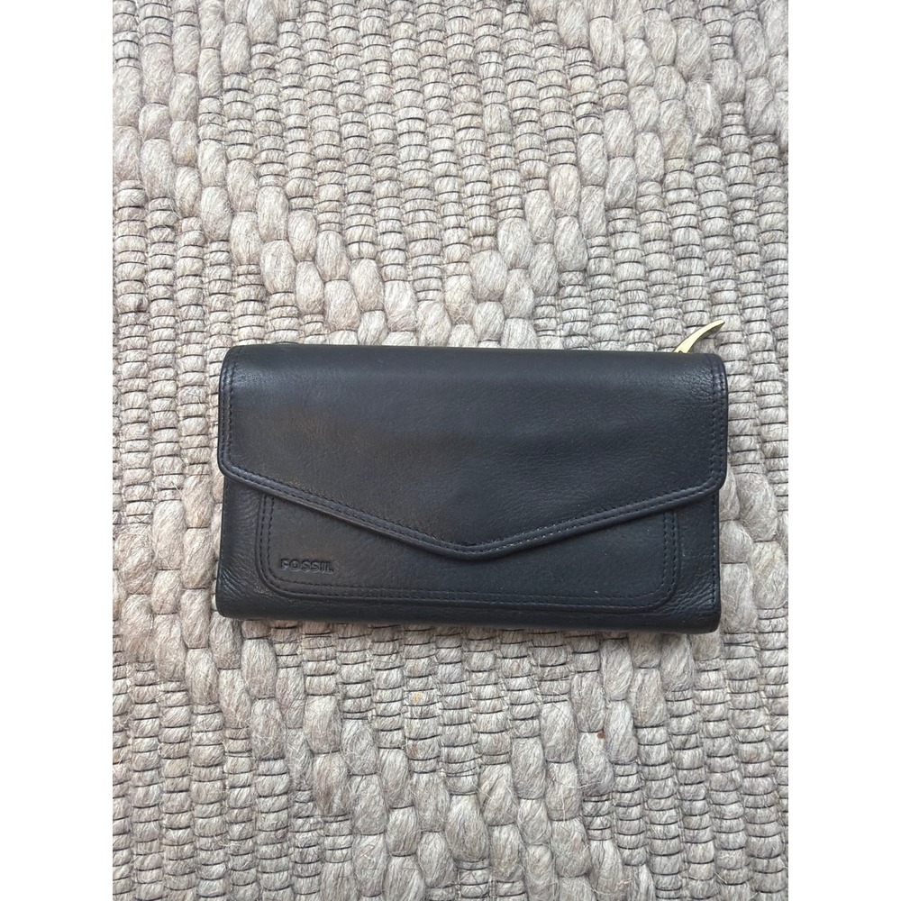 Fossil Wallet Clutch Women Black Leather Envelope Zip Pocket Slim 90s y2k